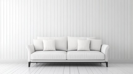 Fototapeta premium A Minimalist White Sofa Sits Against A White Wood-Paneled Wall In A Bright, Airy Room. Clean Lines And Simple Design Create A Serene Atmosphere.