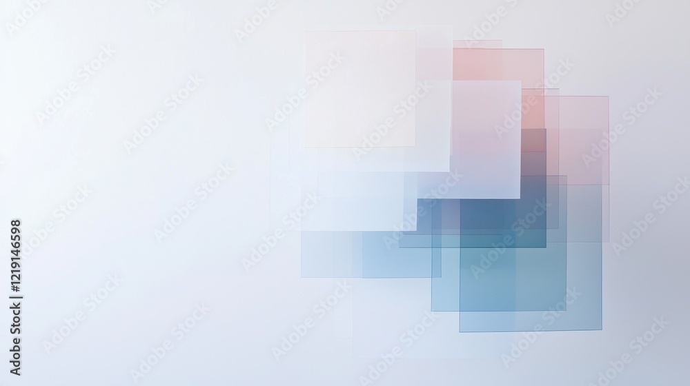 Poster tiers of translucent overlapping shapes reflecting light in soft colors with a minimalistic backgrou