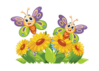 3d colorful butterflies vector on sunflowers on white background