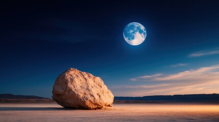 Obraz premium A magnificent moon hangs over a solitary rocky formation under a deep blue sky, creating an atmosphere of solitude and wonder, igniting the imagination of every viewer.