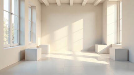 Fototapeta premium Sunlit Empty Room with Minimalist White Cubes and Large Windows