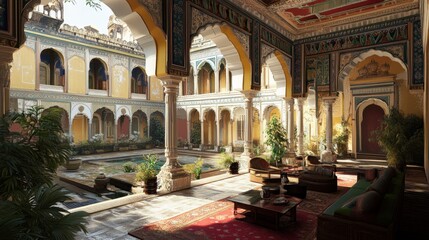 Fototapeta premium Sunlit Indian Palace Courtyard Relaxation