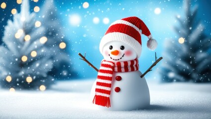 Fototapeta premium Cheerful snowman, red Santa hat, striped scarf, snowy background, winter scene, falling snowflakes, blue sky, happy holiday character, festive atmosphere, digital art, 3D rendering, high detail, crisp