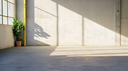 Obraz premium sunlit industrial warehouse interior with potted plant and concrete walls