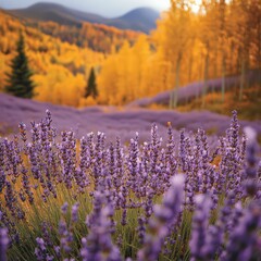 Naklejka premium Autumn lavender field with golden leaves in the background. 