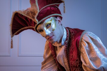 Obraz premium Elegant Young Man Masquerade Costume Gold Mask Red Attire - Masquerade Event Promotion Cultural Representation