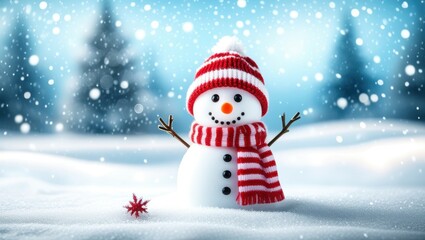 Fototapeta premium Cheerful snowman, red Santa hat, striped scarf, snowy background, winter scene, falling snowflakes, blue sky, happy holiday character, festive atmosphere, digital art, 3D rendering, high detail, crisp