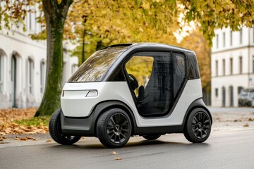 Compact Electric Vehicle Designed for Urban Environments, Showcasing Modern Lines, Innovative Technology, and Eco-Friendly Features Amidst Autumnal Streetscape