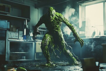 Unique Green Horror Creature Dark Laboratory Setting - Striking Creature Design Horror Fantasy Media