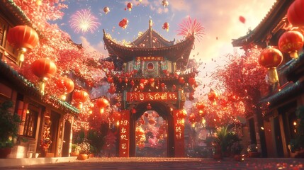 Festive Chinese New Year street scene with lanterns, fireworks, and cherry blossoms.