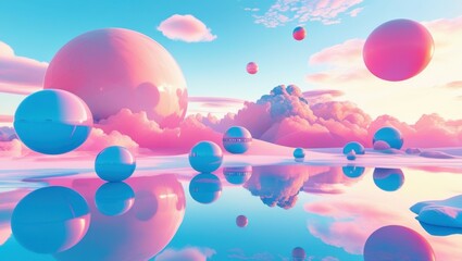 Surreal landscape, pink and blue spheres floating, reflective water surface, pastel sky, distant mountains, dreamy atmosphere, ethereal lighting, soft gradient colors, fantasy world, 3D render, digita