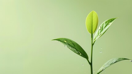 Obraz premium Fresh Green Leaf on Stem with Water Droplets Against Soft Green Background for Natural Beauty and Organic Growth Conceptual Imagery