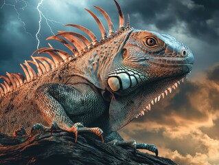 Fototapeta premium Vibrant Iguana Dramatic Lightning Background - Stunning Reptile Photography Wildlife Education