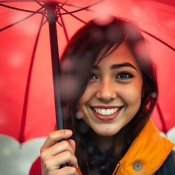 woman  is smiling with umbrella