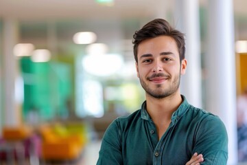 Obraz premium Smiling Young Caucasian Man Portrait - Green Shirt - Business Success Concept