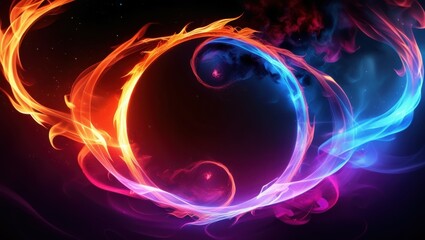 cosmic circle, fiery orange energy, cool blue plasma, swirling nebula, vibrant purple glow, yin yang symbol, abstract space art, celestial balance, elemental forces, digital illustration, high contras