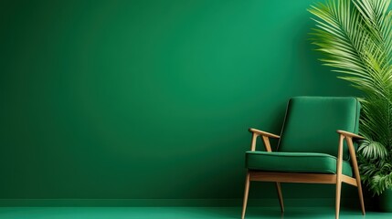 This image features a modern green chair set against an artistic green background, providing a striking visual composition that exudes style and contemporary aesthetics.