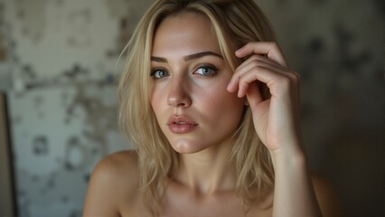 Fototapeta premium A blonde woman with a pinkish face and a pinkish nose