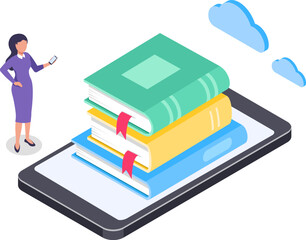 Businesswoman is holding a smartphone while a stack of books rests on a tablet, symbolizing online education and digital library, with clouds representing cloud computing