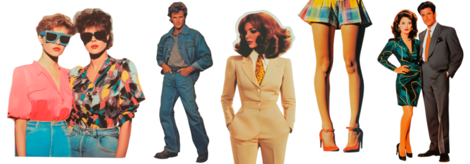 Retro Fashion Collage – Vibrant 1980s Style Featuring Denim, Bold Patterns, Power Suits, and Iconic Looks from the Golden Era of Glamour and Sophistication.