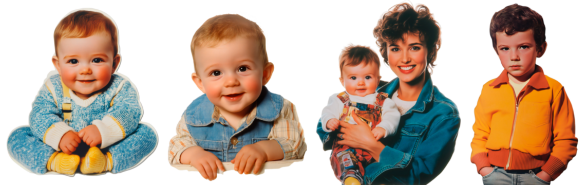 1980s Family Moments – Charming Childhood Nostalgia with Happy Babies, Playful Outfits, and Smiling Parents in Vibrant Vintage Styles.