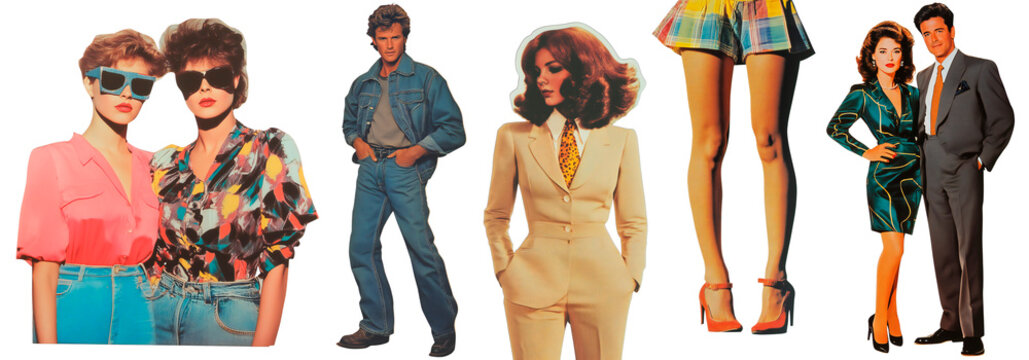 Retro Fashion Collage &ndash; Vibrant 1980s Style Featuring Denim, Bold Patterns, Power Suits, and Iconic Looks from the Golden Era of Glamour and Sophistication.