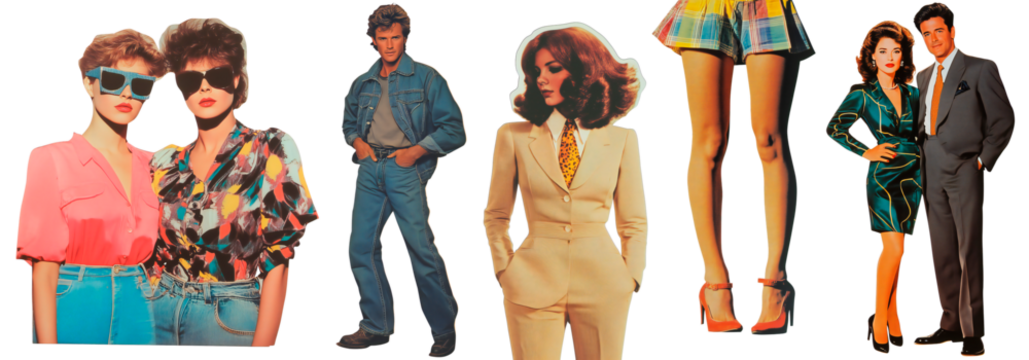 Retro Fashion Collage – Vibrant 1980s Style Featuring Denim, Bold Patterns, Power Suits, and Iconic Looks from the Golden Era of Glamour and Sophistication.
