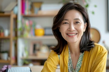 Smiling Asian Woman Yellow Cardigan - Professional Portrait Business Website