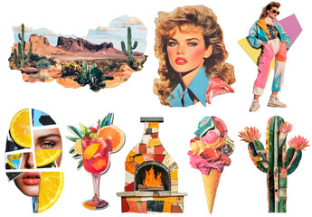 Vibrant Desert and Retro Aesthetic Collage: Cacti, 80s Fashion Portraits, Abstract Art, Mosaic Fireplace, Citrus Drinks, and Colorful Ice Cream.