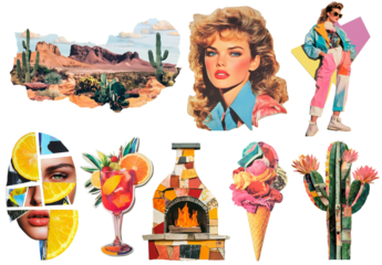 Vibrant Desert and Retro Aesthetic Collage: Cacti, 80s Fashion Portraits, Abstract Art, Mosaic Fireplace, Citrus Drinks, and Colorful Ice Cream.