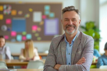 Fototapeta premium Smiling Middle Aged Caucasian Male Teacher Classroom Students - Education Success Concept