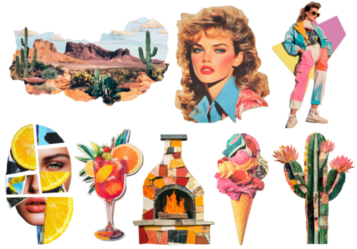Vibrant Desert and Retro Aesthetic Collage: Cacti, 80s Fashion Portraits, Abstract Art, Mosaic Fireplace, Citrus Drinks, and Colorful Ice Cream. - Powered by Adobe