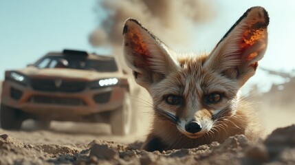 A fennec fox gazes toward a dynamic racing vehicle kicking up sand, rendering a powerful yet serene moment where nature meets human innovation.