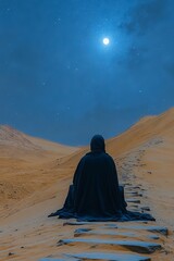 Solitary figure in desert under night sky