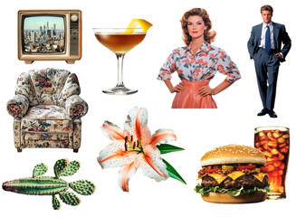Retro Lifestyle Collage: Vintage TV, Floral Armchair, Chic Fashion, Exotic Lily, Gourmet Burger, and Stylish Cocktails.
