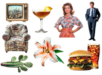 Retro Lifestyle Collage: Vintage TV, Floral Armchair, Chic Fashion, Exotic Lily, Gourmet Burger, and Stylish Cocktails.