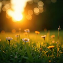 Obraz premium Golden hour light bathes idyllic sweet meadow, blurred sunset backdrop, meadow, flowers