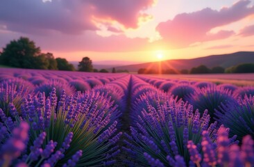 Naklejka premium Lavender fields at sunset with vibrant purple blooms and scenic horizon