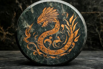 Intricate dragon carving on dark green stone disc.