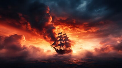 Obraz premium This image captures an elegant sailing ship amidst raging clouds and fiery colors, symbolizing adventure and the unknown flows of the vast ocean.