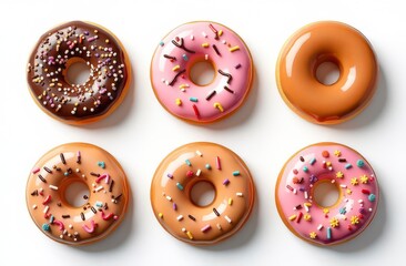 Obraz premium Assorted glazed donuts with sprinkles on white background