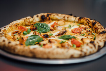 Napolitan pizza with sous-vide octopus, sautéed shrimp, basil, cherry tomatoes, mozzarella, and pesto sauce on a crispy wood-fired crust. Captured close-up, on modern gray minimalistic background