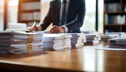 A professional office scene with a businessman reviewing documents on a wooden desk surrounded by neatly stacked paperwork under natural sunlight.