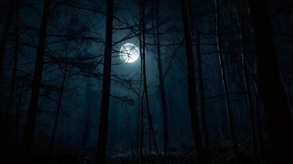 Fototapeta premium Dark forest. Gloomy dark scene with trees, big moon, moonlight. Smoke, shadow. Abstract dark, cold street background. Night view.