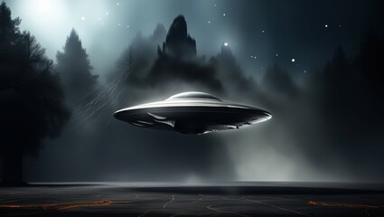Obraz premium UFO, flying saucer, alien spacecraft, night sky, dark forest, misty atmosphere, eerie glow, sci-fi scene, mysterious lights, mountain silhouette, cinematic, dramatic lighting, extraterrestrial encount