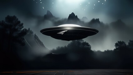 Fototapeta premium UFO, flying saucer, alien spacecraft, night sky, dark forest, misty atmosphere, eerie glow, sci-fi scene, mysterious lights, mountain silhouette, cinematic, dramatic lighting, extraterrestrial encount