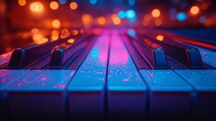 Close-up of piano keys illuminated by vibrant pink and blue neon lights, blurred background of warm-toned bokeh.