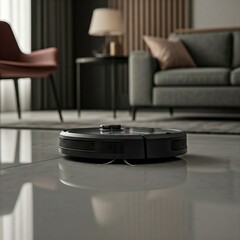 A robotic vacuum cleaner in motion on a glossy tiled floor, with a modern living room visible in the blurred background.
