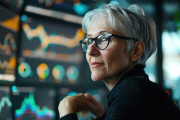 Senior Woman Business Leader Looking Data Charts - Analytics, Data Driven, Financial Report, Business Intelligence