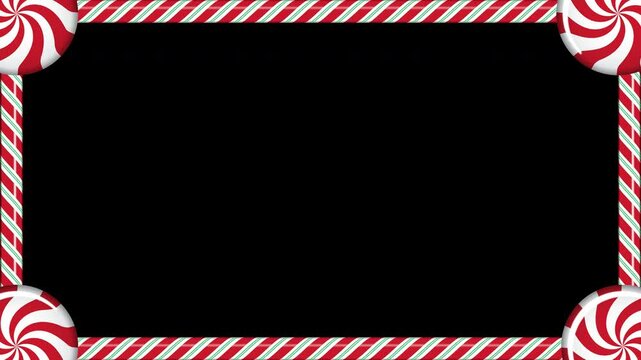 Rectangle candy cane frame animation with red and white striped lollipop pattern. Seamless animation. Transparent background with alpha channel